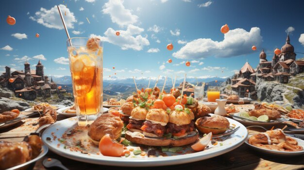 Una mesa llena de comida y bebida con un castillo en el fondo