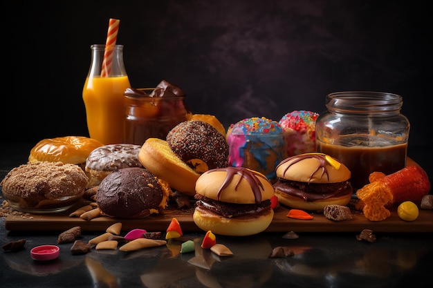 Una mesa llena de comida chatarra que incluye una hamburguesa y batidos de chocolate.