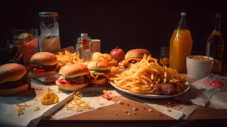 Una mesa llena de comida chatarra que incluye hamburguesas, papas fritas y una botella de jugo de naranja.