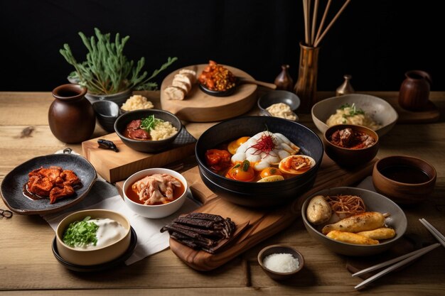 Una mesa llena de comida coreana generada por IA