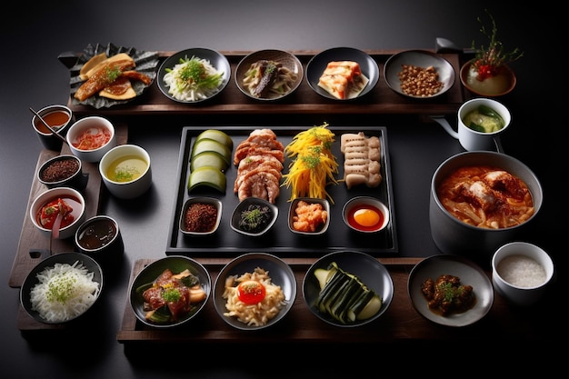 Una mesa llena de comida coreana generada por IA