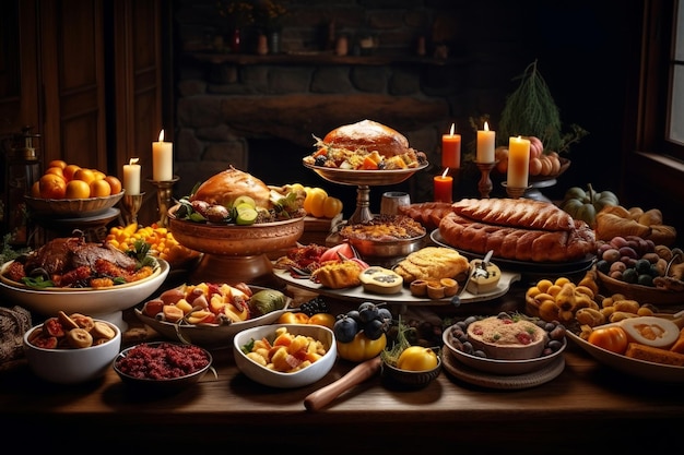 Mesa llena de comida del Día de Acción de Gracias AI generativa de imágenes