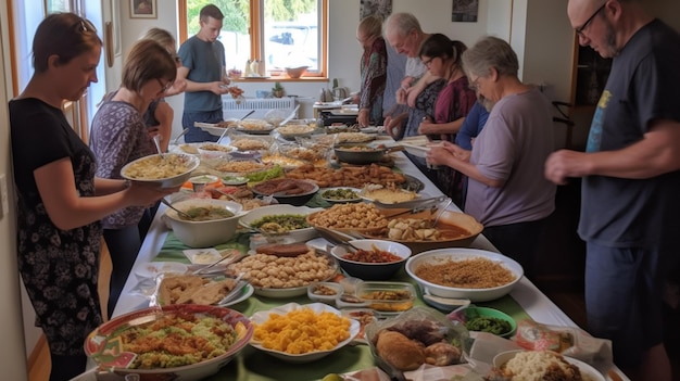 Una mesa llena de comida con gente comiendo y uno de ellos está siendo servido.