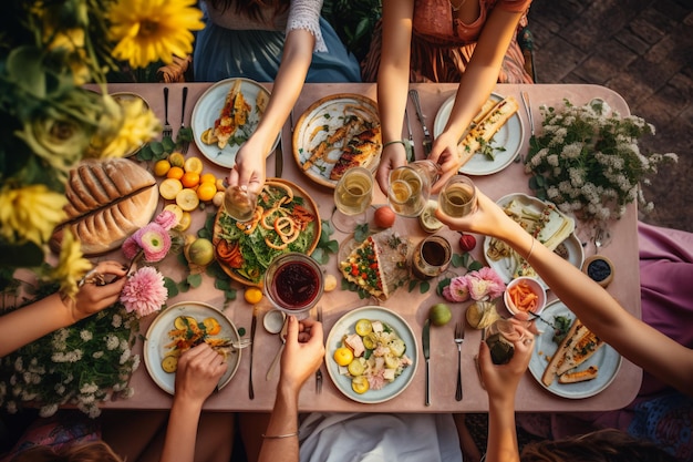 Una mesa llena de comida con gente comiendo