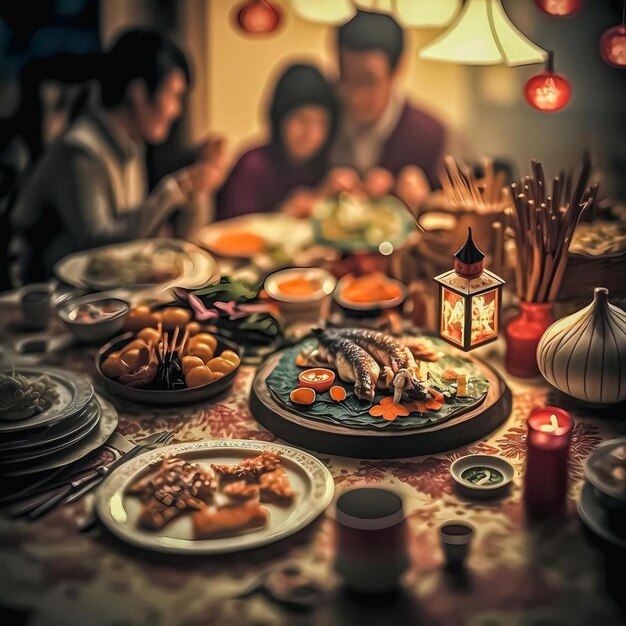 Una mesa llena de comida, incluida una lámpara con una linterna roja que dice "año nuevo chino".