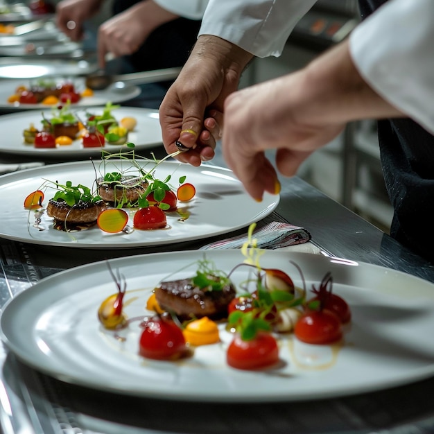 una mesa llena de comida, incluida una persona que sirve comida