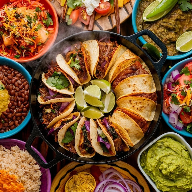 Foto una mesa llena de comida, incluida una sartén de comida con una variedad de alimentos diferentes