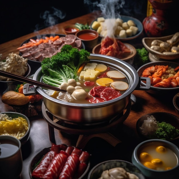 una mesa llena de comida, incluidas carnes, verduras y arroz