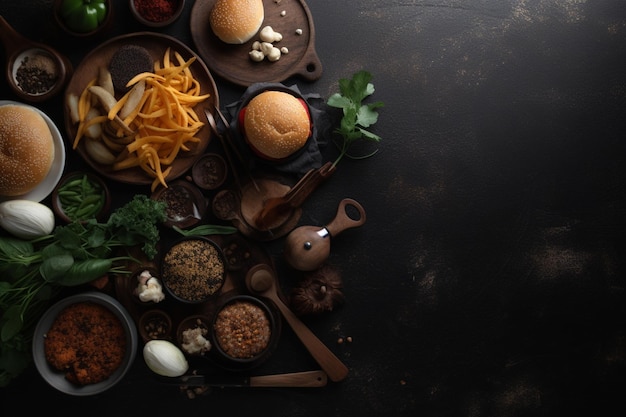 Una mesa llena de comida, incluidas hamburguesas, papas fritas y otros alimentos.