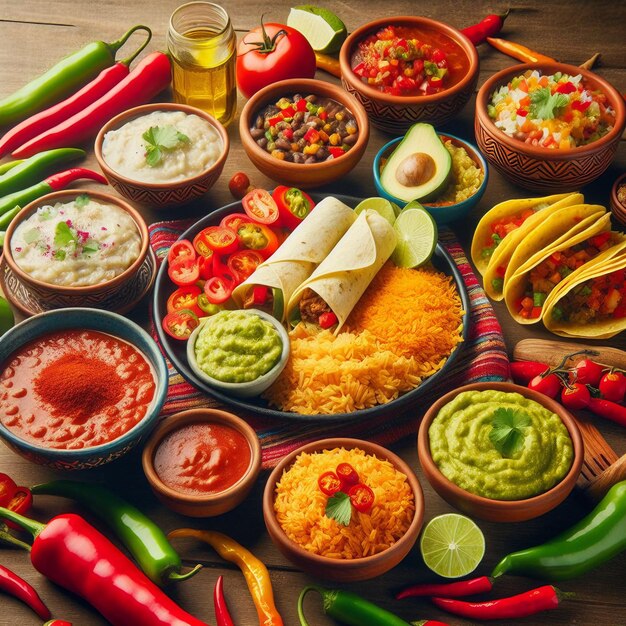 una mesa llena de comida, incluido el guacamole de arroz y la salsa