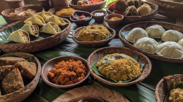 Una mesa llena de comida, incluido un plato de comida.