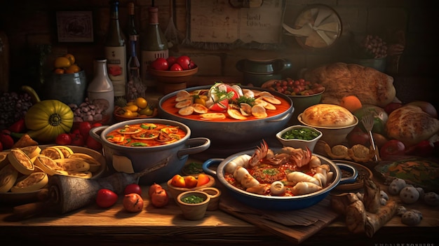 Una mesa llena de comida, incluido un plato de comida.