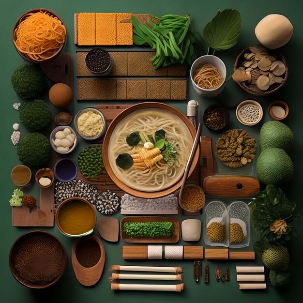 Una mesa llena de comida, incluido un plato de fideos y otros alimentos, incluido un prato de verduras.