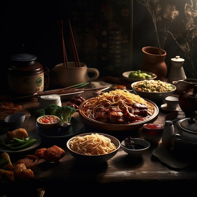 Una mesa llena de comida, incluidos fideos y otros alimentos, incluido un tarro de salsa.