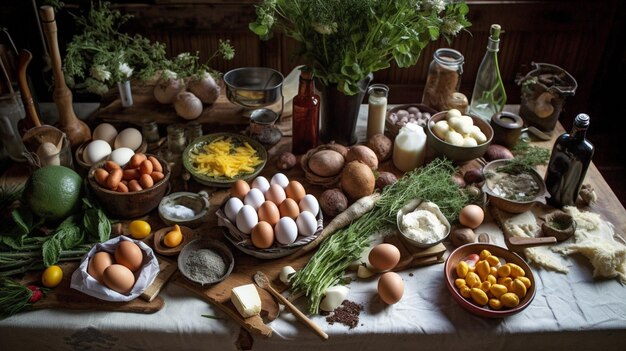 Una mesa llena de comida, incluidos los huevos, la harina y su