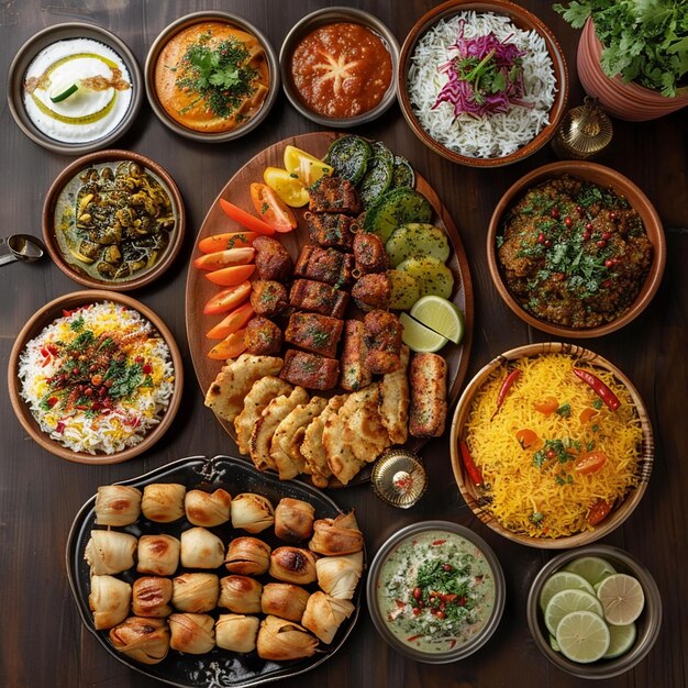 una mesa llena de comida incluyendo carne de arroz y verduras