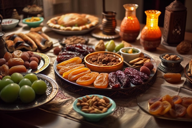 Una mesa llena de comida incluyendo frutas y nueces.