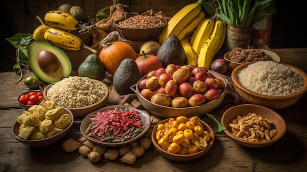Una mesa llena de comida incluyendo frutas y verduras.