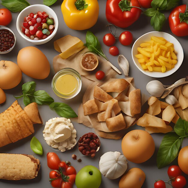 Foto una mesa llena de comida incluyendo huevos tomates y queso