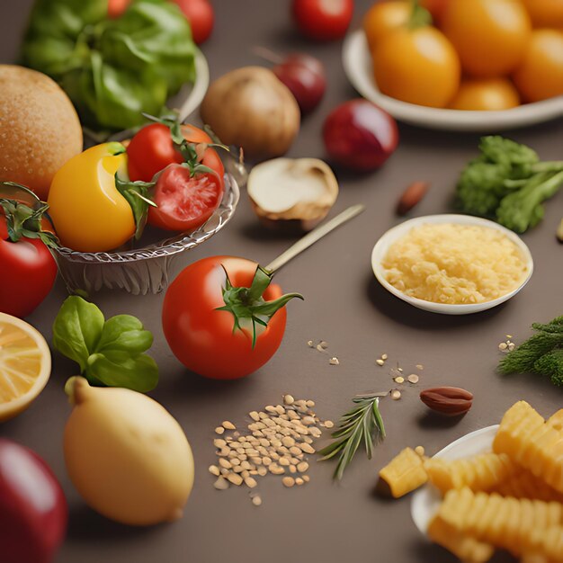 Foto una mesa llena de comida incluyendo tomates perejil y perejil