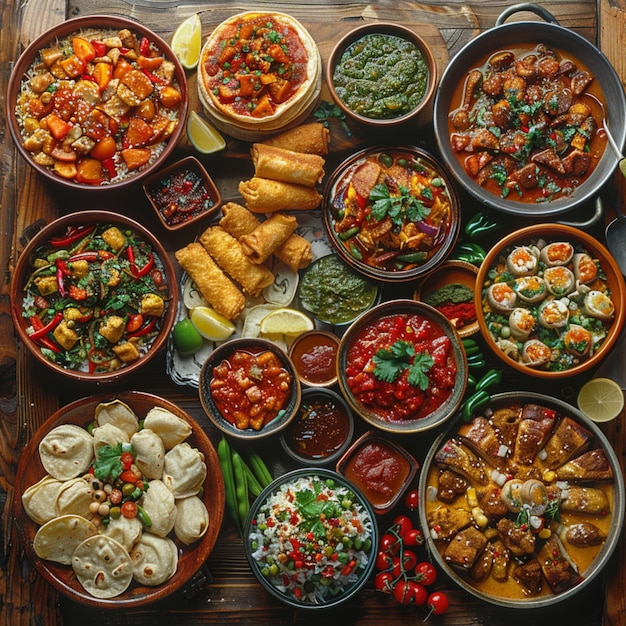 una mesa llena de comida incluyendo verduras, arroz y verduras