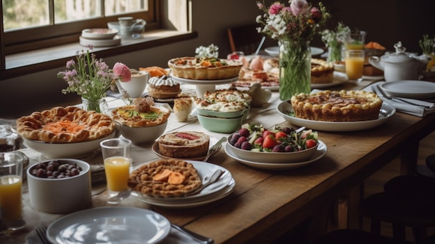 Una mesa llena de comida con un jarrón de flores sobre la mesa.