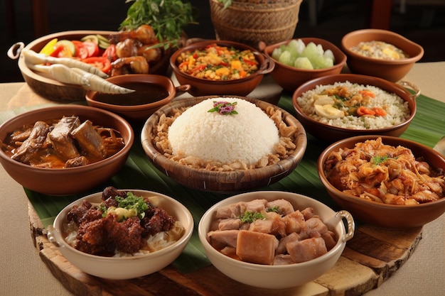 Una mesa llena de comida que incluye arroz, arroz y verduras.