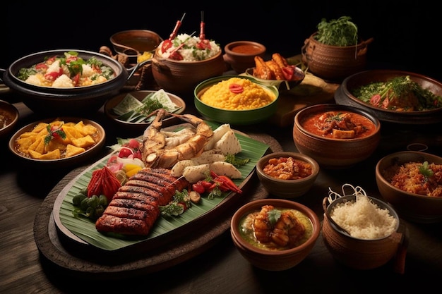 Una mesa llena de comida que incluye arroz, arroz y verduras.