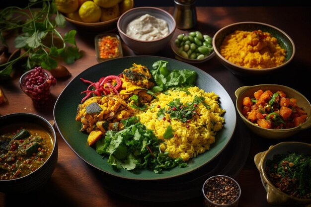 una mesa llena de comida que incluye arroz, verduras y arroz.