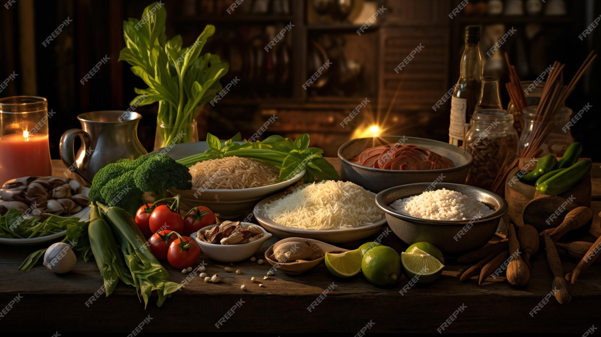 Una mesa de cocina con cuencos de comida que incluyen arroz, tomates y  otros ingredientes.