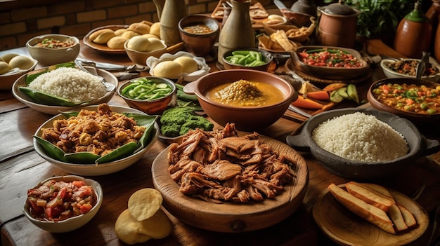 Una mesa llena de comida que incluye arroz, verduras y otros alimentos.