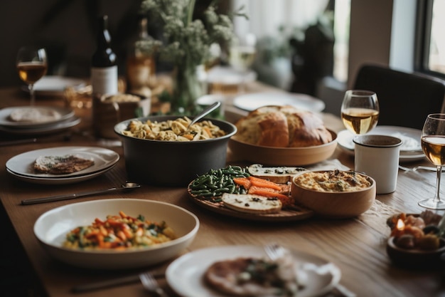 Una mesa llena de comida que incluye una botella de vino y una botella de vino.