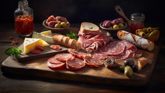 Una mesa llena de comida que incluye carne, queso, aceitunas y aceitunas.
