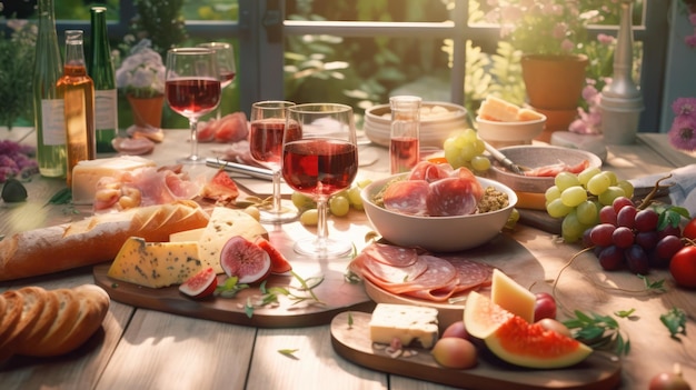 Una mesa llena de comida que incluye carne, queso y vino.