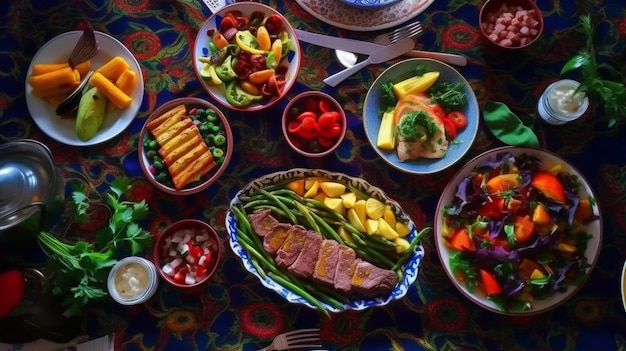 Una mesa llena de comida que incluye carne, verduras y frutas.