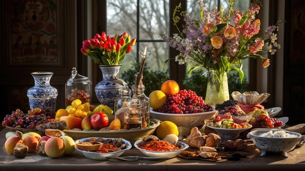 una mesa llena de comida que incluye frutas, flores y un jarrón con flores.