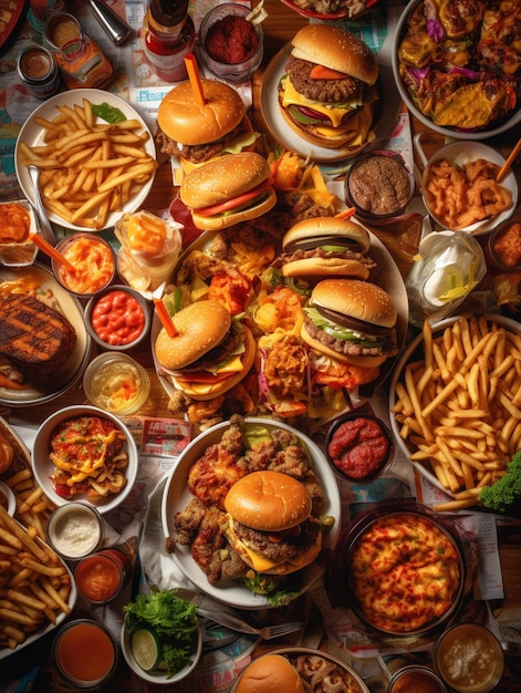 Una mesa llena de comida que incluye hamburguesas, papas fritas y otros alimentos.