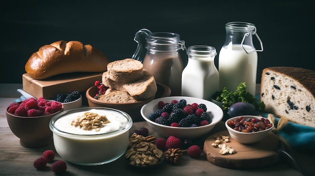 Una mesa llena de comida que incluye leche, yogur y otros alimentos.