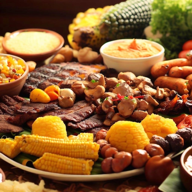 Una mesa llena de comida que incluye maíz, maíz y verduras.