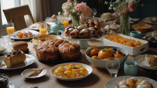 Una mesa llena de comida que incluye pan, muffins y otros alimentos.