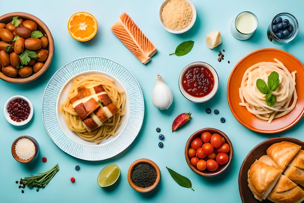 Foto una mesa llena de comida que incluye pasta, pasta y otros alimentos, incluido un panqueque.