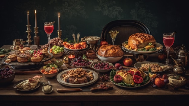 Una mesa llena de comida que incluye un pastel, un pastel y un barril de vino.