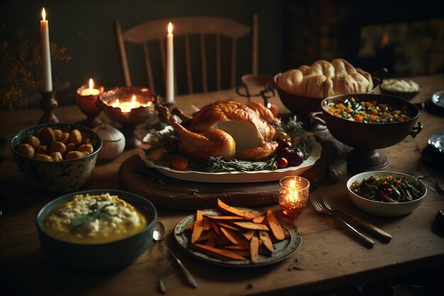 Una mesa llena de comida que incluye pavo, pan y otros alimentos.