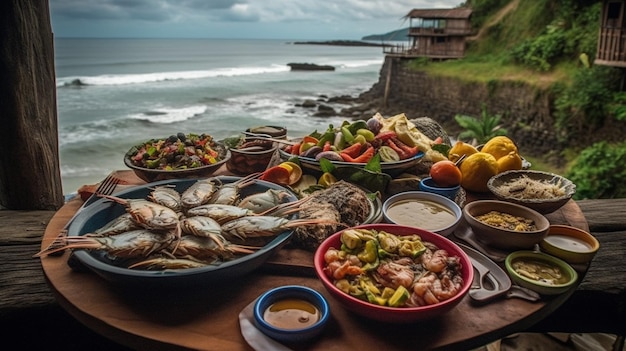 Una mesa llena de comida que incluye pescado, papas y otros alimentos.