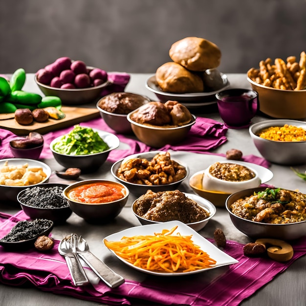 Una mesa llena de comida que incluye un plato de comida y un plato de patatas.