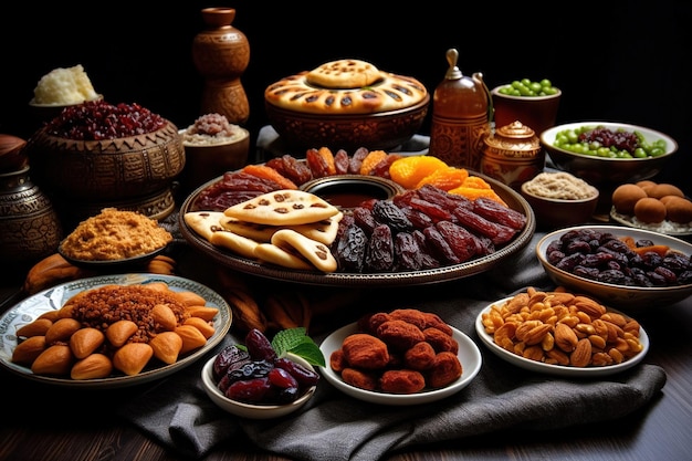 Una mesa llena de comida que incluye un plato de comida y un tazón de comida.