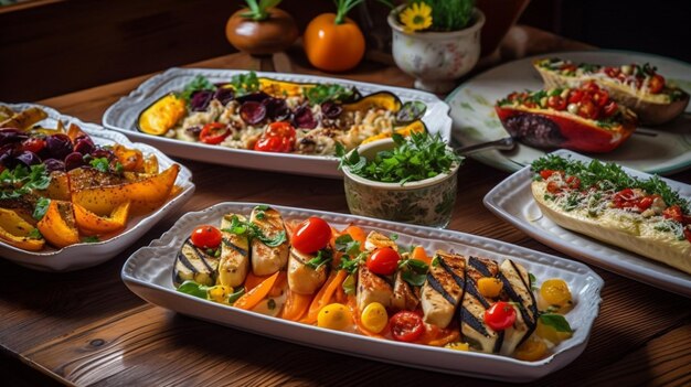 Una mesa llena de comida que incluye pollo a la parrilla, ensaladas y otros platos.