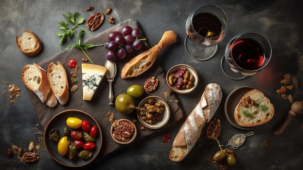 Una mesa llena de comida que incluye queso, aceitunas y uvas.