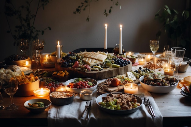 Una mesa llena de comida que incluye queso, frutas y carnes.