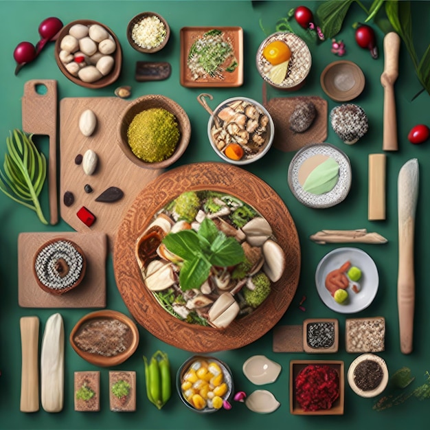 Una mesa llena de comida que incluye un tazón de verduras y un tazón de nueces.